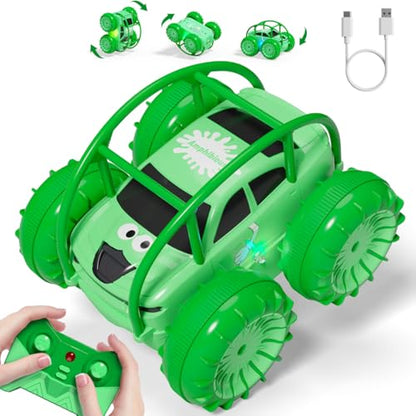 Remote Control Car, Fast Direct Charging RC Cars Amphibious Rechargeable Stunt Car 360° Rotating LED 2.4Ghz 4WD All Terrain Water-Resistant Toy Christmas Birthday Gift for Kids Boys - color: Green