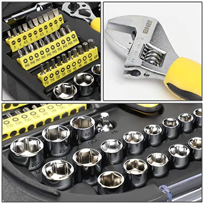 DNA MOTORING 64pcs Mechanic's Auto & Home Repair Tool Box, Screwdriver Bit Tool Set, SAE and Metric Socket Wrench Set, Yellow/Black, TOOLS-00027 - style: Mechanic Repair Tool box