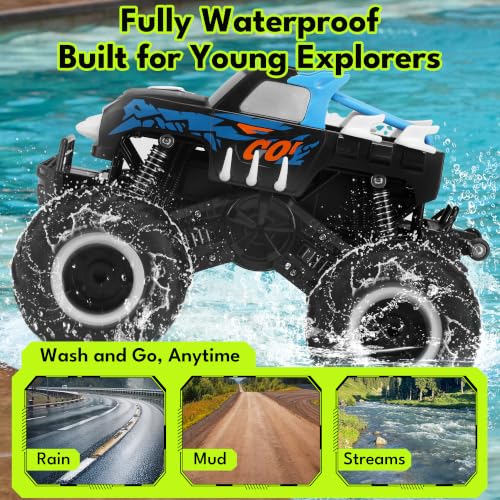 Threeking 1:16 Amphibious Monster Truck All Terrain Remote Control Car Toys | Waterproof Durable 4WD Off-Road RC Crawler Cars Pick-Up Unique Toy Gifts for Boys Girls Ages 6-12 - color: Pickup-blue