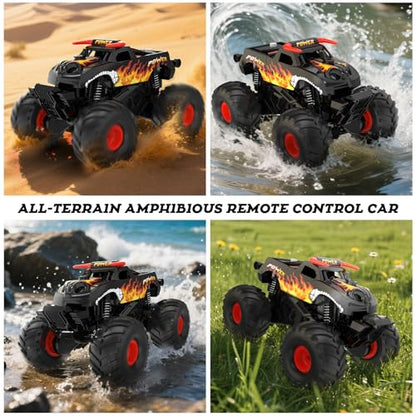 Amphibious Remote Control Car 4WD | Waterproof RC Cars with Dual Spray Mist & Led Lights,1:16 RC Monster Truck for All Terrain Off-Road Pickup Toys Gifts for Boys/Girls Age 8-12+ - color: Black