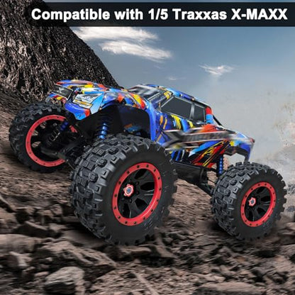 LRFHL 1/5 RC Monster Truck Tires 4PCS, Red | 24mm Hex Wheels MX43 RC Tires for Traxxas 1/5 X-MAXX 8S Arrma 1/5 Kraton 8S 1/5 Outcast 8S - color: Red