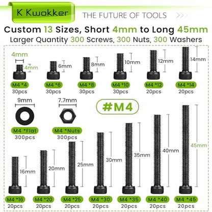900PCS M4 Nuts and Bolts Assortment Kit 4mm-45mm, Upgraded Zinc Plated 12.9 Alloy Steel M4 Screw Assortment, Hex Socket Head Cap Machine Screws Bolts and Nuts Kit 4/6/8/10/12/14/16/20/25/30/35/40/45MM - size: A.M4