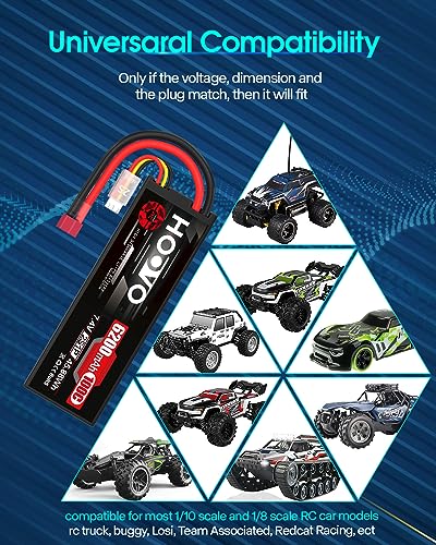 HOOVO 2S Lipo Battery,7.4V 6200mAh 100C LiPo Battery RC Pack T Plug 2 Pack | Hard Case,compatible with RC Buggy Vehicles Car Boat Truck