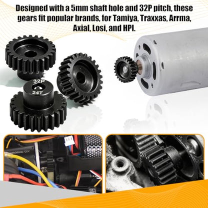 32P 24T RC Car Gear Set | 45# Steel Black Oxide | 5mm Bore +0.03mm | Precision Engineered Motor Pinion Gear Compatible with Traxxas/ARRMA/HPI/Kyosho (3-Pack with M4 Set Screws) - style: 3Pcs 24T