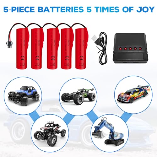 5PCS 3.7V 3000mAh Li-ion Batteries with SM-2P Plug and 5-in-1 Charger for DE42 DE44 DE45 DE68 RC Car,Drifting Car Truck Toy Off-Road Racing Car Battery