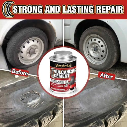 Chemical Vulcanizing Cement 3.4FL.Oz, All Purpose Tire Repair Rubber Glue, Dry Clear Rubber Cement, Tire Patch Glue with Brush Top Can for Car, Motorcycle, Bike Tires