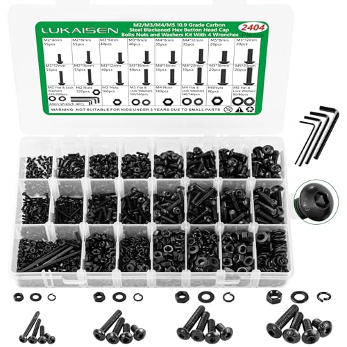 2404PCS Screw Assortment Kit, M2-M5 10.9 Alloy Steel Hex Button Cap Bolts | With Nuts & Flat Washers & Lock Washers & Wrench, Black Zinc Plated High-Tensile, Length 4-20mm, for 3D Printing, DIY, Home - size: M2 M3 M4 M5 2404pcs 2