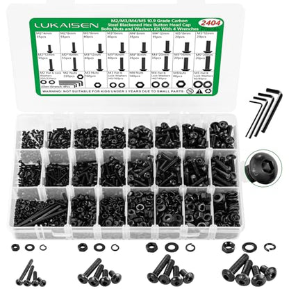 2404PCS Screw Assortment Kit, M2-M5 10.9 Alloy Steel Hex Button Cap Bolts | With Nuts & Flat Washers & Lock Washers & Wrench, Black Zinc Plated High-Tensile, Length 4-20mm, for 3D Printing, DIY, Home - size: M2 M3 M4 M5 2404pcs 2