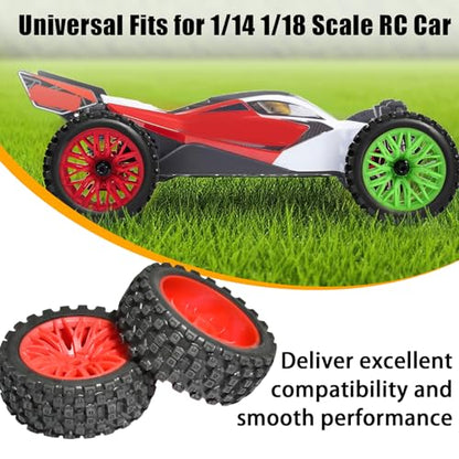 4PCS Pre-Glued RC Crawler Car Rubber Tires and Plastic Wheels Set, 70mm*26mm Tires and Rims with 12mm Hex Fits for ARRMA 1/14 1/16 1/18 Granite/Typhon Grom RC On/Off Road Crawler Truck Car (Red) - color: Red