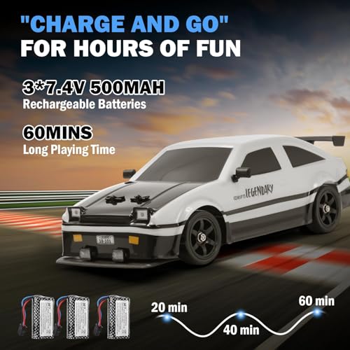 RC Drift Car, 1:16 Scale AE86 Model RC Drift Car, 4WD 18KM/h High Speed Remote Control Cars with LED Lights, Spray, Drifting Tires, Sport Racing On-Road Vehicle for Teens Adults