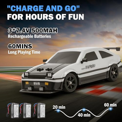 RC Drift Car, 1:16 Scale AE86 Model RC Drift Car, 4WD 18KM/h High Speed Remote Control Cars with LED Lights, Spray, Drifting Tires, Sport Racing On-Road Vehicle for Teens Adults