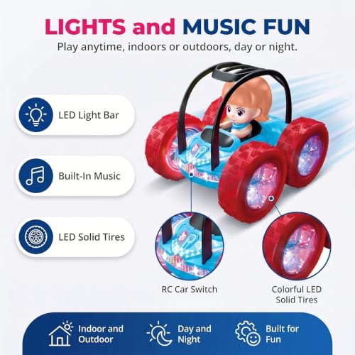 4WD RC Stunt Car for Kids Ages 3+, Blue Car with Girl | LED lights, built-in music, 360° spins, 180° flips, 2.4GHz remote, solid tires, indoor outdoor play - color: Blue