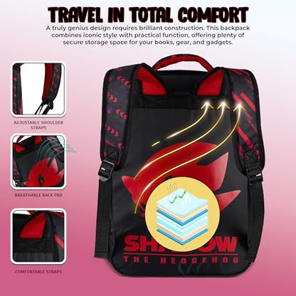AI ACCESSORY INNOVATIONS Sonic The Hedgehog Backpack for Boys & Girls, Shadow 16 Inch Schoolbag with Reflective Ink, Black - color: Shadow the Hedgehog