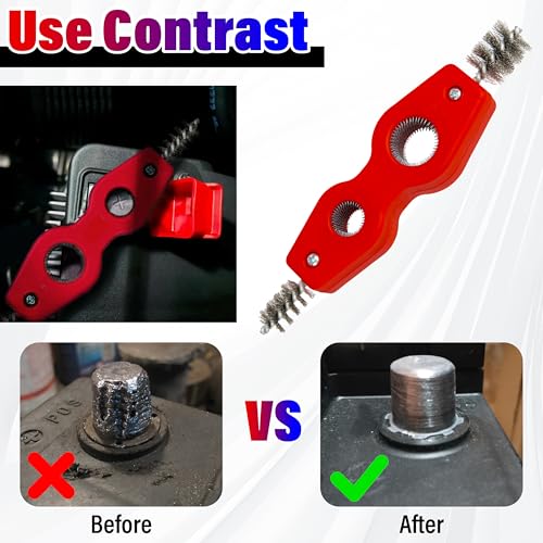 Car Battery Terminal Cleaning Brush, 4 in 1 Auto Battery Cleaner (Red) | Anti-Rust Battery Terminals Machine Parts Cleaning Tool with Steel Wire for Plumbing Installation Soldering Brazing - color: Red