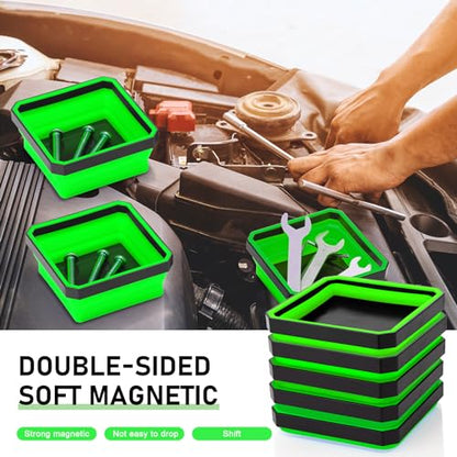 Barydat 10 Pcs Magnetic Tool Tray Collapsible Foldable Parts Trays Set Magnetic Screw Tray Magnetic Parts Bowl Square Silicone Magnetic Tool for Bolts Nuts Washers Pins Screw Parts (Green) - color: Green