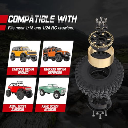 Hobbypark Brass 1.0 Beadlock Wheels and Tires for TRX4M Upgrades Axial SCX24 1/24 RC Crawler Replacement Parts, Set of 4 (Type A) - style: Type A