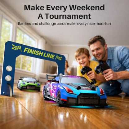 Geyiie 2 Pack RC Drift Cars for Kids, Complete 2-Player Racing Set | 1:24 scale, LED lights, 4 batteries, drift and grip tires, barriers and challenge cards for indoor racing on wood and tile