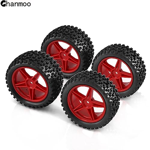 1/10 RC Off Road Tires and Wheels Rims 12mm Hex Set Front and Rear 87mm Rubber Buggy Tyres Foam Inserts for 1:10 Off-Road Car HSP Kyosho HPI Tamiya HSP 94107 94166 94106 94155 4PCS (Red) - color: Red