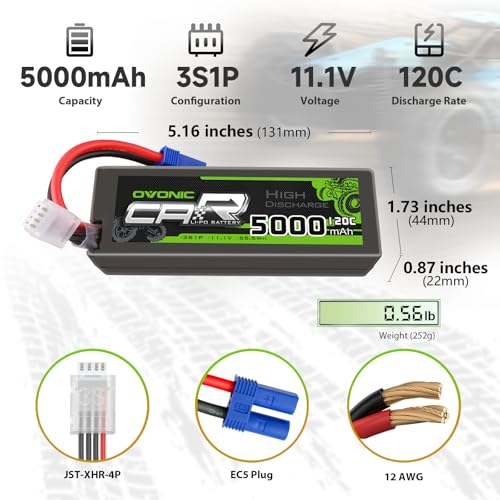 OVONIC 11.1V 120C 5000mAh 3S Lipo Battery Hard Case with EC5 Plug for RC Car RC Helicopter RC Truck RC Truggy Airplane Quadcopter UAV Drone FPV (2 Packs)