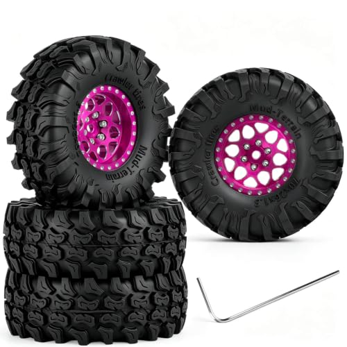 for 1/18 1/24 Axia l SCX24 TRX4M,1.3 Beadlock RC Wheels and Tires,1.3" Aluminum & Brass RC Wheel Hub Rim Rubber Tires RC Truck Tires Heavy Duty Rim.Pink 4PCS - color: (4pcs）pink