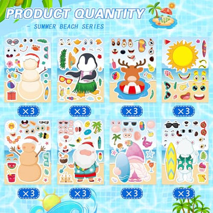 Summer Stickers, July Christmas Make a Face Sticker, Make Your Own Sticker | 24 Sheets Chirstmas Santa Claus Hawaiian Tropical Style Stickers for July Party Games Decorations Supplies - style: July Christmas