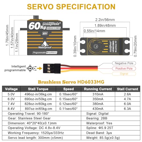 HobbyPark Waterproof 828oz 60KG High Torque Servo Brushless Motor 8.4V HV Servo Metal Gear Digital Servo Programmable for 1/8 1/10 1/12 RC Crawler RC Truck RC Car Buggy Robotic DIY Control Angle 180°