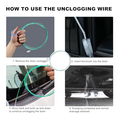 3PCS Auto Sunroof Drain Cleaning Tool, 118in Flexible Tube Cleaner with Wire Brush Syringe Hose, Universal Slim Dredging Tools for Windshield Wiper Drain Hole Air Tube Hoses