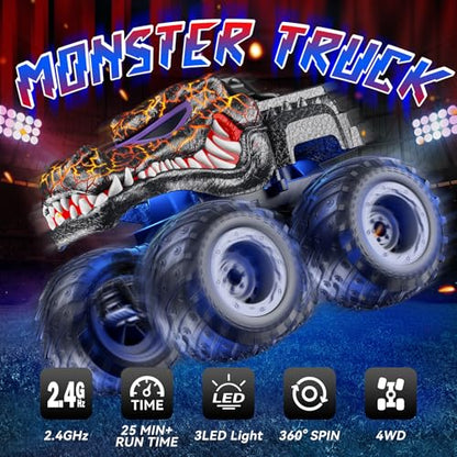 AUUGUU Remote Control Car, 2.4GHz Monster Trucks Toys with Light Spray, Birthday Gift for Kids 3 4 5 6 7 8, All Terrain RC Cars, Toddler Toys for Boys Girls 3+ Year Old (Crocodile) - style: Crocodile