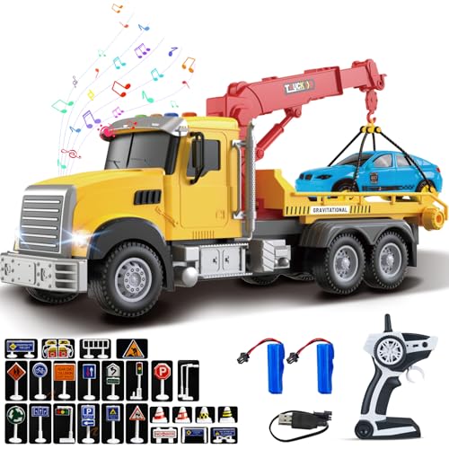 2.4GHz Remote Control Tow Truck for Kids – RC Log Truck with Racing Car, 4 Channel RC Transport Crane Vehicle Toy with Lights & Sounds, 28PCS Traffic Signs, 2 Batteries – Birthday Gift for Boys Girls