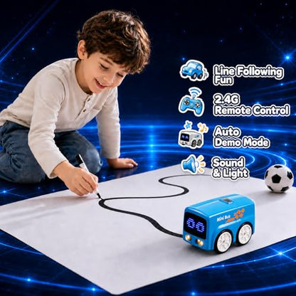 Magic Mini Bus Toy, 2.4GHz RC Line Following Car with Gesture Follow & Escape Modes, Rechargeable Inductive Bus with LED Lights, STEM Toy Gift for Kids Ages 3-8, Blue - color: Blue