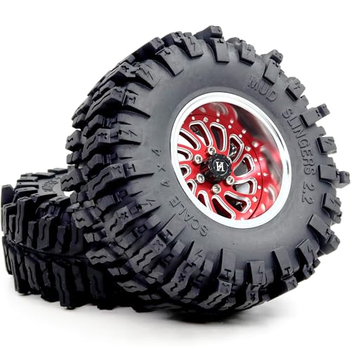 2.2 Mud Slingers Tires with Adjustable Offset 2.2 Beadlock Wheels, 124mm Tall 2.2 Tires & 40mm Wide 2.2 Rims for 1/10 RC Crawler TRX4 SCX10 Capra Upgrades,HS701585 - color: Silver & Red