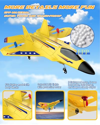 ANTSIR F22 RC Plane Easy to Fly Foam Jet Toy Gift for Kids Beginner, Yellow | 2.4GHz, 2CH, Gyro Stabilizer, LED Light, 2 Rechargeable Batteries, Boys 1th RC Glider - color: Yellow F22-2 Batteries Kf