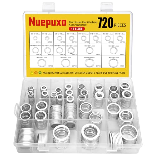 720PCS Crush Washer Kit, Aluminum Oil Drain Plug Gasket Assortment | 18 Sizes Crush Washer Oil Drain Plug, Automotive Engine Crush Washers (M6 M8 M10 M12 M14 M16 M18 M20 M22 M24) - size: 720PCS((M6-M24))