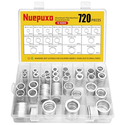 720PCS Crush Washer Kit, Aluminum Oil Drain Plug Gasket Assortment | 18 Sizes Crush Washer Oil Drain Plug, Automotive Engine Crush Washers (M6 M8 M10 M12 M14 M16 M18 M20 M22 M24) - size: 720PCS((M6-M24))
