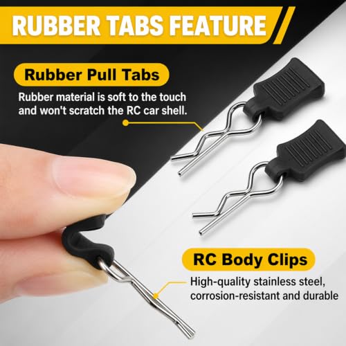 60-Pack RC Body Clips with Pull Tabs, 1mm Pins | Stainless steel, curved R-clip design, compatible with SCX24, TRX4M, H16BM, 16889 models