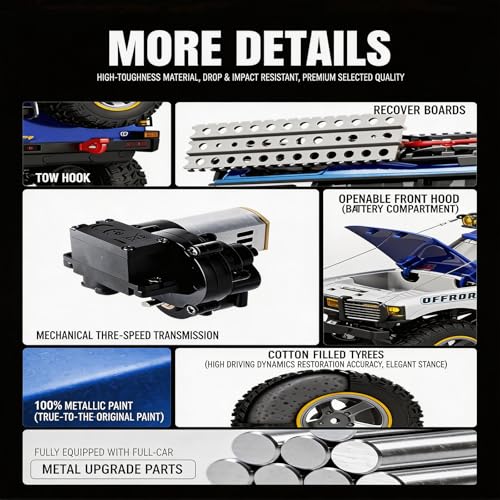JXC LR1801 RC Crawler, 1/18 Scale 4WD Off Road RC Crawler with 3-Speed Mechanical Transmission with Reverse Rotation, Full-Proportional 2.4GHz, 40 Mins, LED Lights, RTR Rock Crawler (Blue)