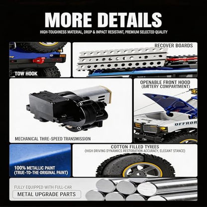 JXC LR1801 RC Crawler, 1/18 Scale 4WD Off Road RC Crawler with 3-Speed Mechanical Transmission with Reverse Rotation, Full-Proportional 2.4GHz, 40 Mins, LED Lights, RTR Rock Crawler (Blue)