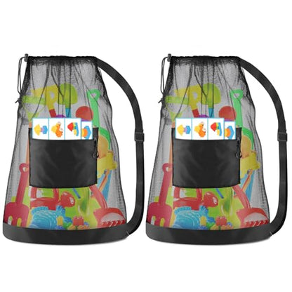 2PCS Mesh Beach Bag Drawstring Toys Bag | Swim Pool Toys Balls Storage Bags Gym backpack, Beach Toy Shells Organizer - color: Black-2pcs