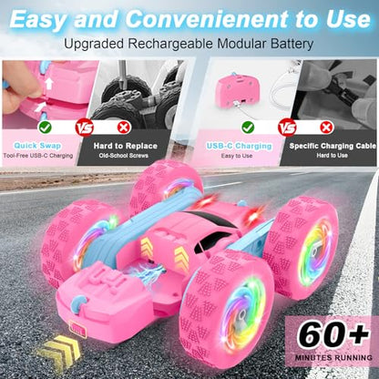 Remote Control Car, RC Cars for Girls, 2.4 GHz Double Sided RC Crawler with Upgraded USB-C Modular Battery, 360°Rotating Car Toys for 6 7 8 9 10 11 12 Year Old Girl Birthday Gift PinkBlue - color: 2-pinkblue