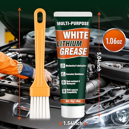 White Lithium Grease Tube with Brush, Multi-Purpose Lithium Grease, Garage Door Lubricant for Hinges, Bearings, Gears, Ideal for Automotive, Marine, Industrial, Waterproof & Rust-Proof (1)