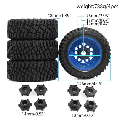 1/8 1/10 RC Short Course Truck Tires 4.96" OD Monster Truck Tires 12/14/17mm Hex Fit for 1:8 Off Road Truck Car Traxxas Slash 2WD 4×4 Rc4wd Arrma Mojave4S Senton Axial Losi Redcat (Blue) - color: Blue