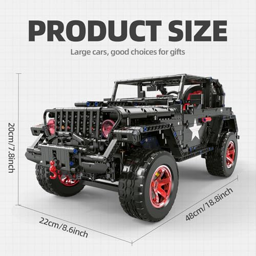 RC Off-Road SUV Wrangler Black Warrior Building Kits, 1/8 Scale Truck Car | with Remote Control Lights, Challenge Building Blocks Vehicle Gift for Technical Enthusiasts Adults & Teens Age 14+ (2272PCS)