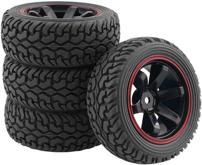 4PCS 75mm Rubber Tires and 6Spokes Plastic Wheel Rims Tyre for 1/10 RC On-Road Drift Racing Car 1:14 1:16 Rally Car for Tamiya Kyosho HPI HSP TT02 Upgrades Parts (Black Red) - color: Black Red
