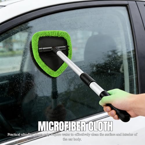Windshield Cleaner Tool, Windshield Cleaning Tool, Car Window Detailing Cleaning Kit with Extendable Handle and Reusable Microfiber Pads, Auto Glass Wiper Brush for Car Office Home (Green) - color: Green