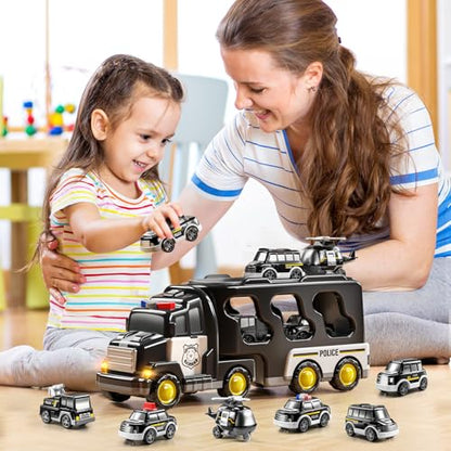 JUKUDAHU Police Truck Toy for Boys 4-8 Years Old - Carrier Vehicle Toy Set | 3 Small Cars and 1 Helicopter, Kids Firction Powered Police Car Toy for Age 3-9, Sound and Light, Gifts for Boys and Girls - style: 5 IN 1 Police Truck