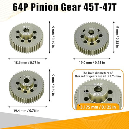 64P Pinion Gear 3.175mm Shaft 7075 Aluminum Alloy Motor Gears,0.6 Metric Pitch 45 46 47T with 1/8 Hole Pinion Gear Compatible with 1/10 Arrma HPI Kyosho Losi Axial Traxxas Tamiya RC Car - size: 45 46 47T