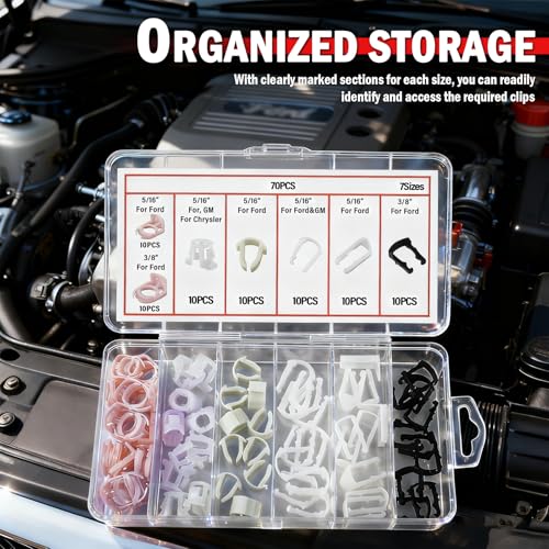 70PCS Fuel Line Clips Replacement Kit,7 Size Includes 5/16" & 3/8" Fuel Line Clamps OEM# 22717568/93740718,Brake Hose Clip Set as Car Accessories Compatible with Ford/Chrysler/GM