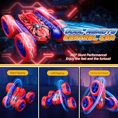 Excitobo Remote Control Car,Double Sided 360° Rotating 4WD RC Cars Toys for 3-12 Year Old Boys 2.4GHz Electric Rechargeable Race Stunt Birthday Halloween Christmas Easter Toys for Boys 4-6 3-4 - color: Red & Blue