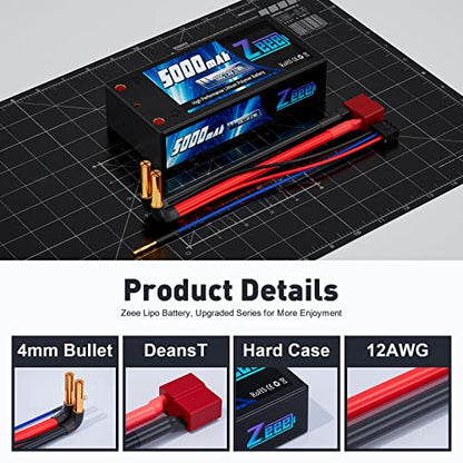 Zeee 2S Shorty Lipo Battery 5000mAh 7.4V 100C Hard Case with 4mm Bullet to T Connector for RC 1/10 Scale Vehicles Car Trucks Boats RC Models