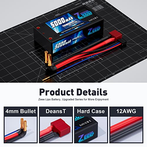 Zeee 2S Shorty Lipo Battery 5000mAh 7.4V 100C Hard Case with 4mm Bullet to T Connector for RC 1/10 Scale Vehicles Car Trucks Boats RC Models